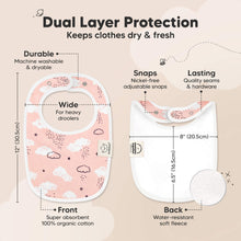 Load image into Gallery viewer, Dual Layer Protection, Keeps clothes dry &amp; fresh. Durable, Machine washable &amp; dryable, Wide, For heavy droolers. Front made of Super absorbent 100% organic cotton, has nickel-free adjustable snaps. Lasting
Quality seams &amp; hardware. Back is composed of Water-resistant soft fleece. 12" (30.5cm), 8" (20.5cm), 
6.5" (16.5cm)
