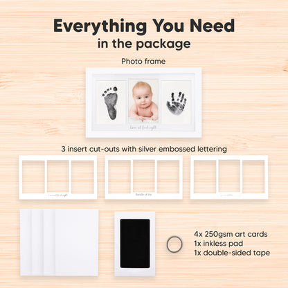 Everything You Need: Photo frame, 3 insert cut-outs with silver embossed lettering, 4x 250gsm art cards, 1x inkless pads, 1x double-sided tape
 25097464545466