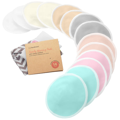 14-Pack Reusable Comfy Nursing Pads Set featuring soft, washable bamboo pads with a sustainable kraft box.
