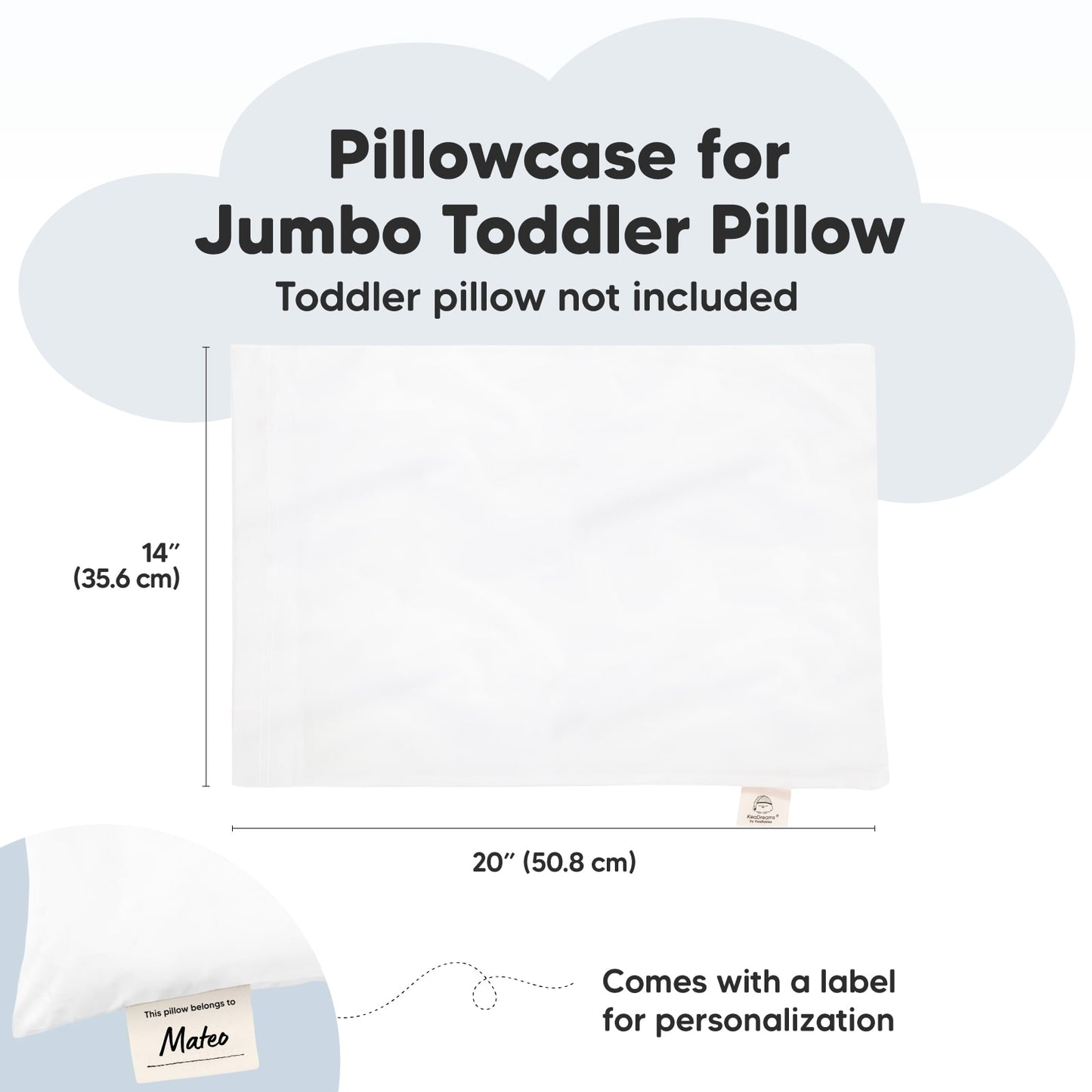 Pillowcase for Jumbo Toddler Pillow: Toddler pillow not included, 20" (50.8cm) x 14 (35.6cm), Comes with a label for personalization
 25494930522298