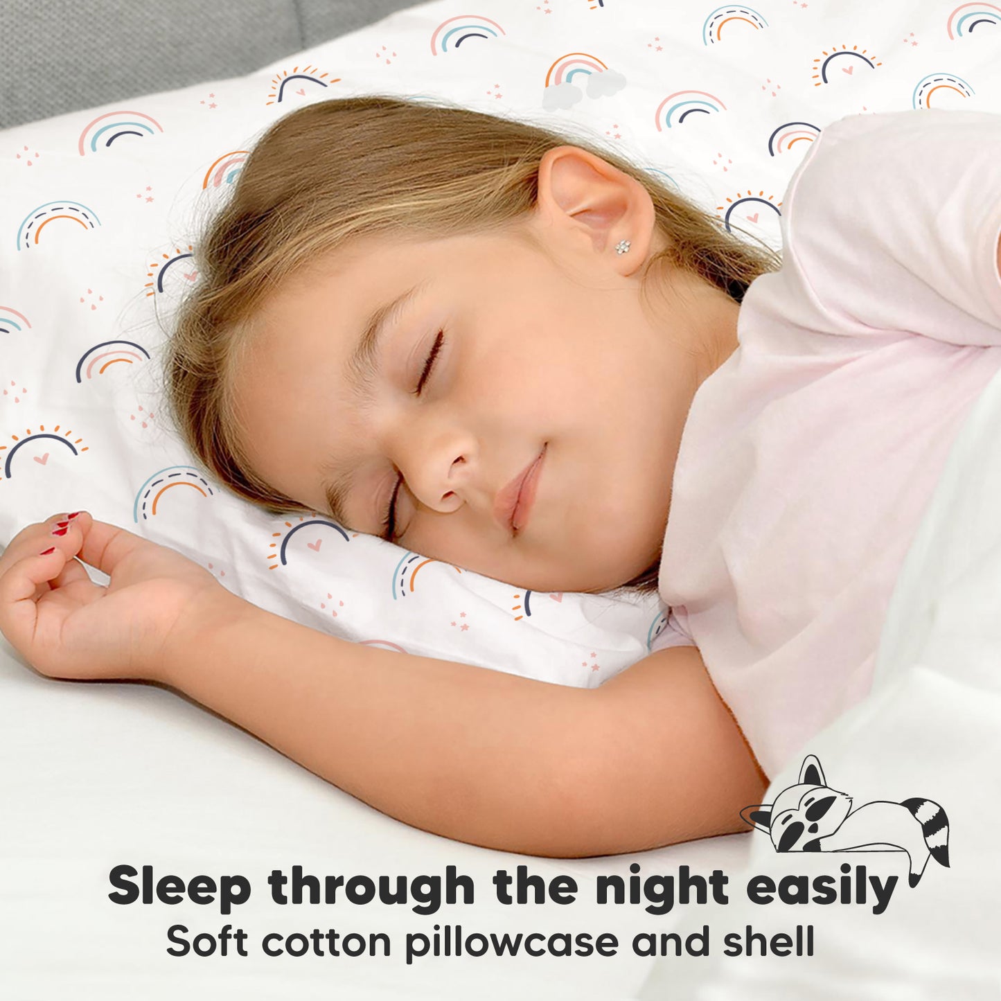 Soft cotton pillowcase and plush fiber filling help toddlers sleep through the night comfortably.
 24648160051386