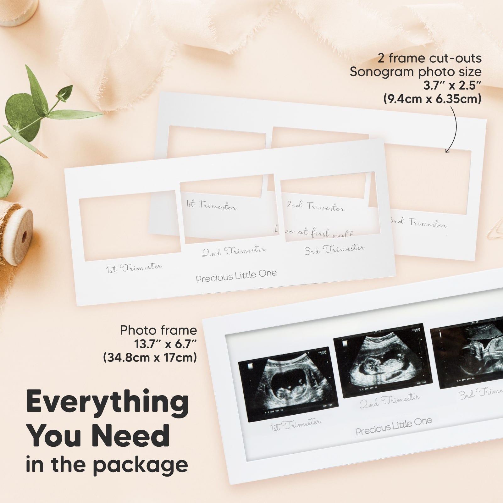 Everything You Need: photo frame (13.7" x 6.7" / 34.8cm x 17cm), 2x frame cut-outs for sonogram photos (3.7" x 2.5" / 9.4cm x 6.35cm). 25268347011258
